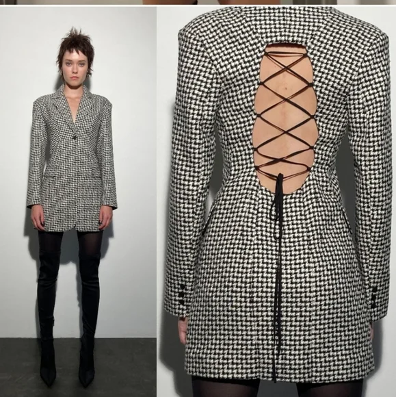 NWT Zara * Houndstooth Textured Tweed Blazer Dress Cut Out Size XS S - Picture 12 of 15